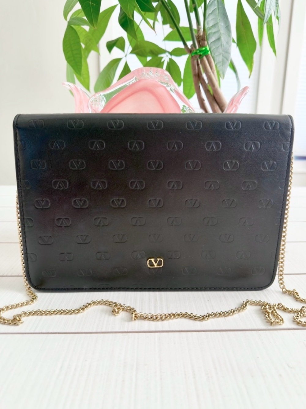 Valentino Black Leather V Logo Crossbody Clutch Shoulder Bag Vintage
